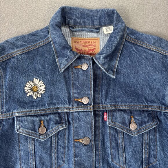 Levi's Ex-Boyfriend Denim Jacket Womens S Floral Embroidered Patch Trucker Coat - Picture 2 of 16